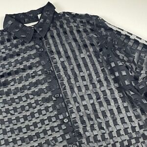 Allyson Whitmore Petite Sheer Textured Ribbon Grid Button Down Blouse PL Black